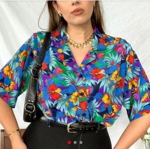 Vintage Tropical Floral Short Sleeve Blouse